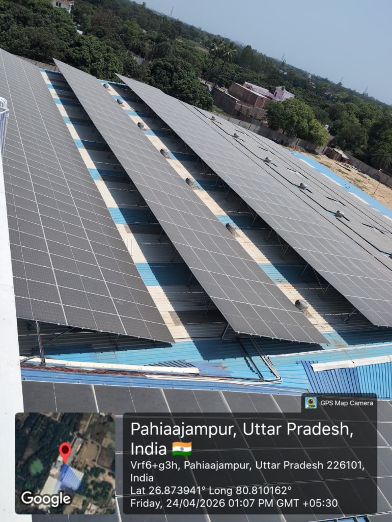 Solar panel installation at Pahiaajampur, Uttar Pradesh — 26.87°N 80.81°E GPS verified, Vykon Indus